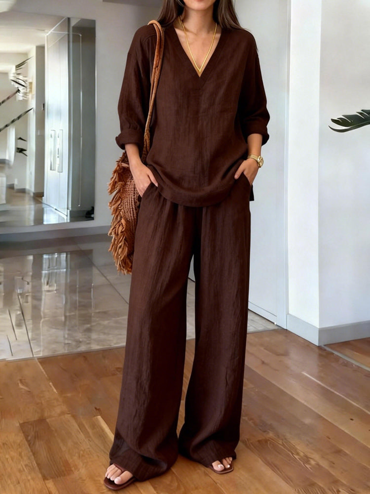 Women's Casual Long Sleeve V-Neck Cotton Set