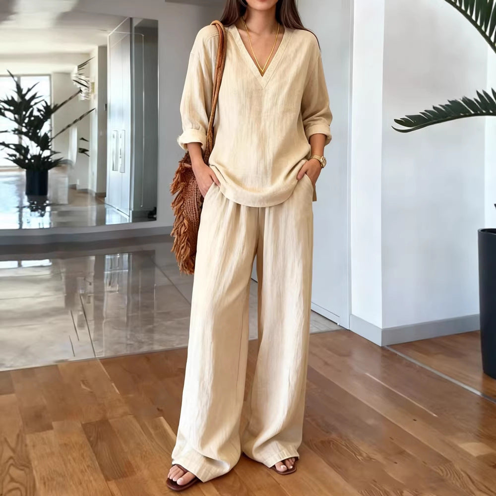 Women's Casual Long Sleeve V-Neck Cotton Set