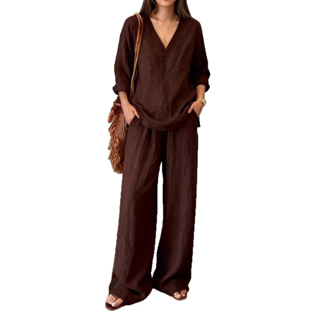 Women's Casual Long Sleeve V-Neck Cotton Set